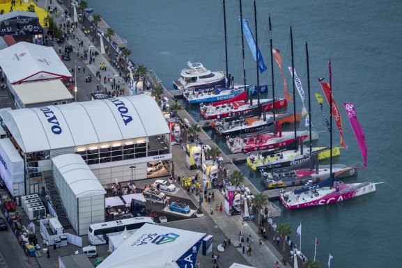 October 2, 2014. Aerial view of the fleet in the Volvo Ocean Race Village.