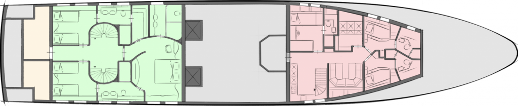 De cima para baixo: Sundeck, deck superior, deck principal e deck inferior