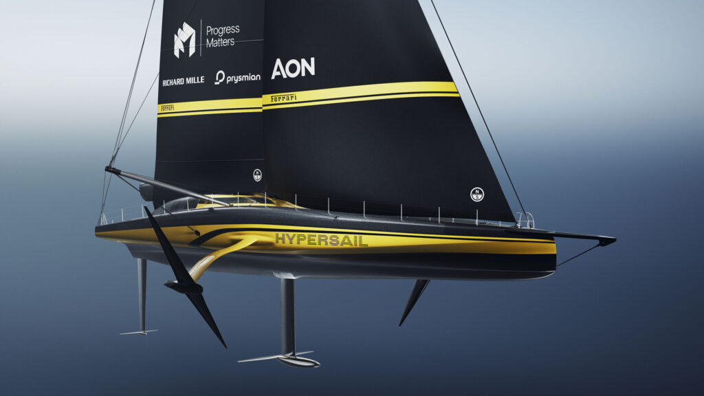 "Veleiro de competição Ferrari Hypersail navegando sobre a água com sistema de foils."